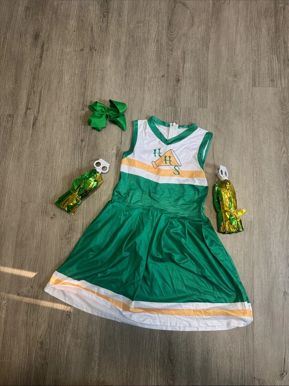 Green Cheerleader Costume Dress with Pom-Poms and Bow - Kids